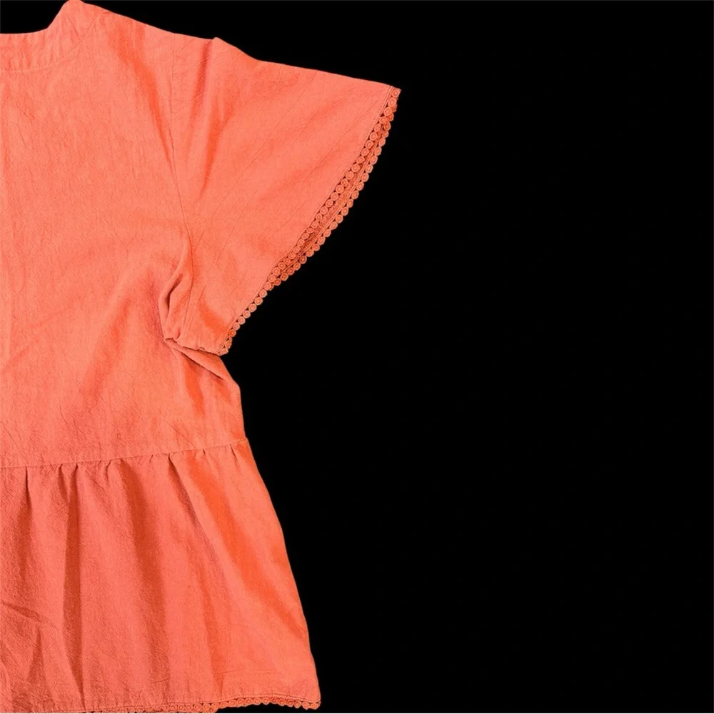 Emery Rose Rust Orange Button Blouse with Lace Trim - Picture 4 of 5